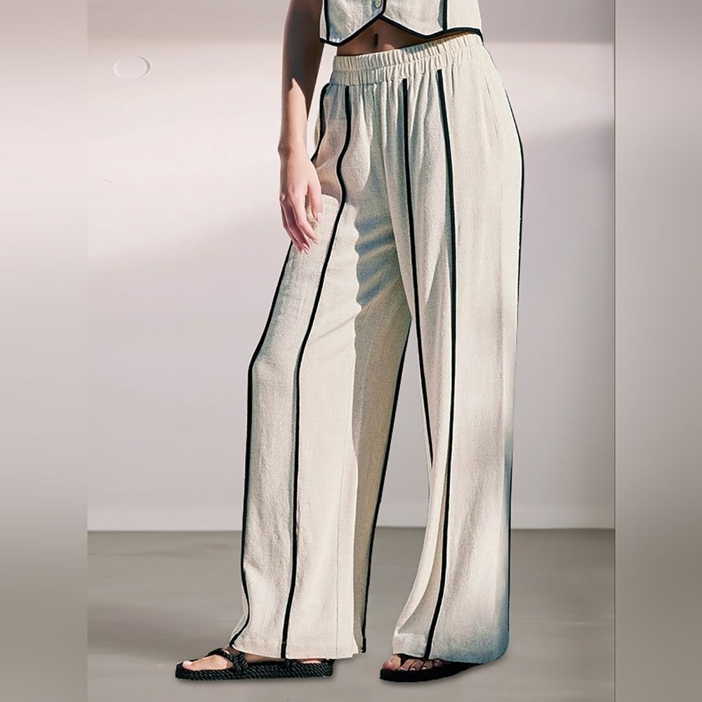 Womens Casual Linen Blend V-Neck Crop Top & Wide-Leg Pants Set Cream Black Trim - Picture 5 of 6